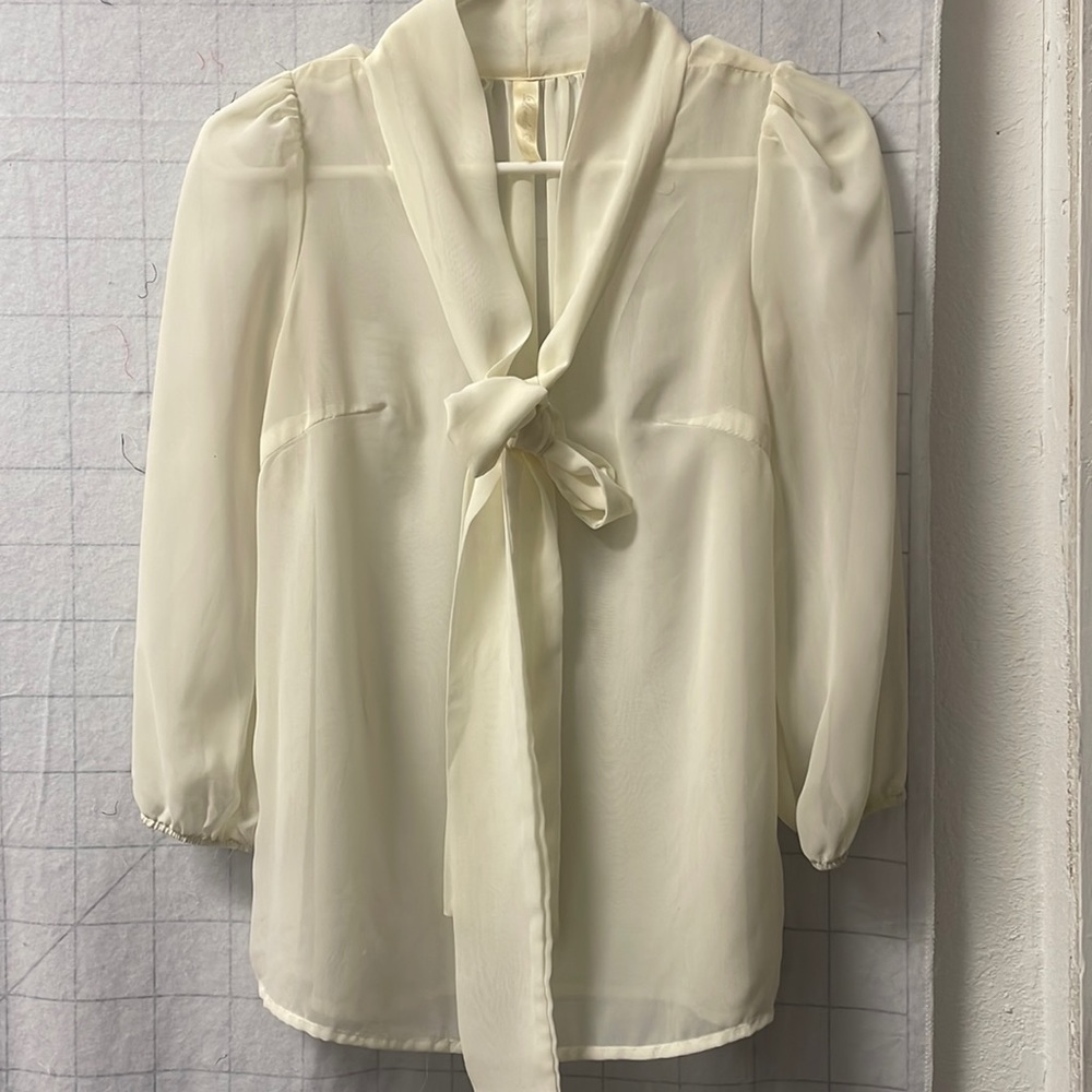 Ivory sheer top with long ties at the neckline.